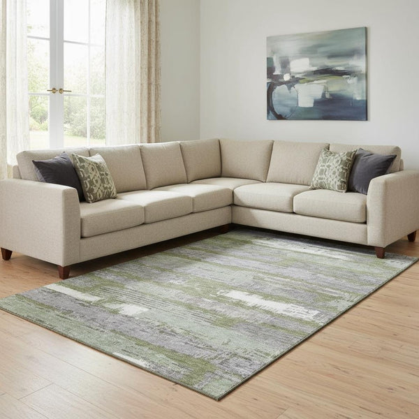 HomeRoots 8' X 10' Olive Green Gray Silver Striped Area Rug - Washable, UV-Protected, Pet-Friendly Design! 696510
