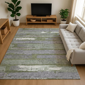 HomeRoots 8' X 10' Olive Green Gray Silver Striped Area Rug - Washable, UV-Protected, Pet-Friendly Design! 696510