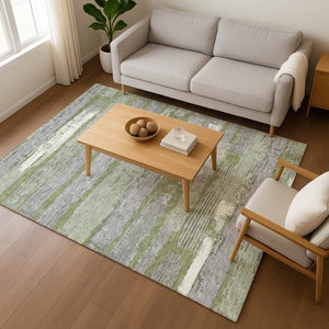 HomeRoots 8' X 10' Olive Green Gray Silver Striped Area Rug - Washable, UV-Protected, Pet-Friendly Design! 696510
