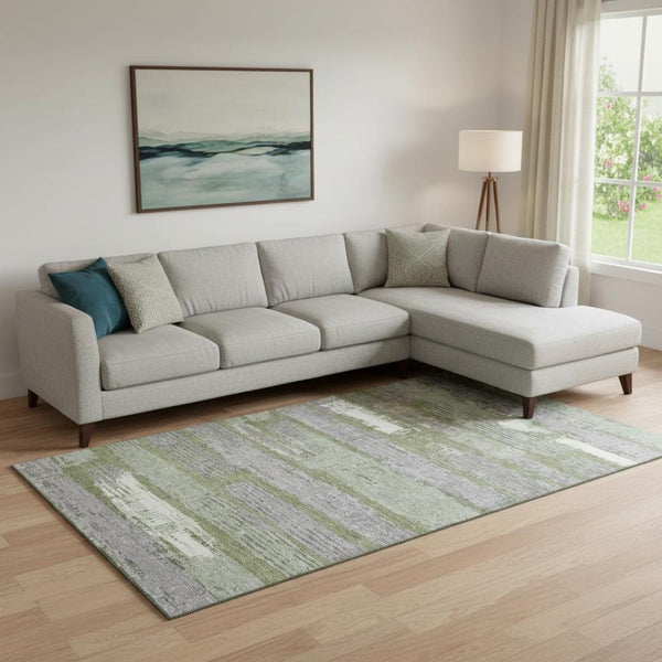HomeRoots 9' Olive Green, Gray & Silver Striped Washable Area Rug – UV Protected, Stain Resistant & Durable Design! 696511