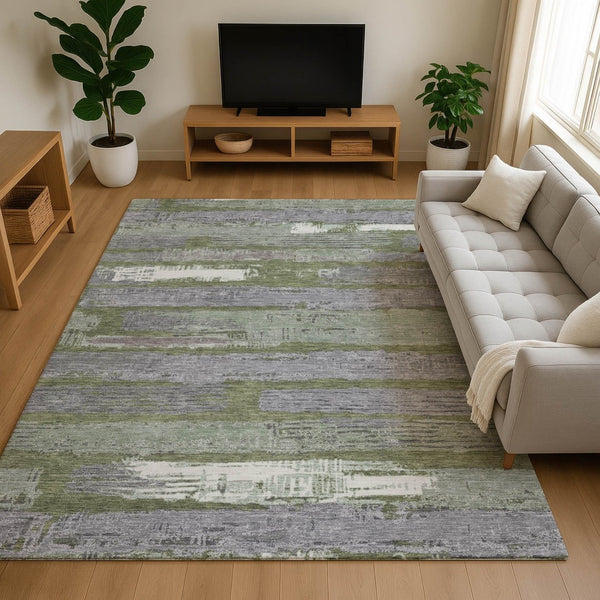 HomeRoots 9' Olive Green, Gray & Silver Striped Washable Area Rug – UV Protected, Stain Resistant & Durable Design! 696511