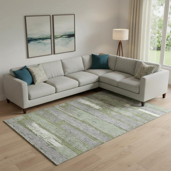 HomeRoots 10' Olive Green Gray Silver Striped Area Rug - Washable, UV Protected, Durable for Indoor & Outdoor Use 696512