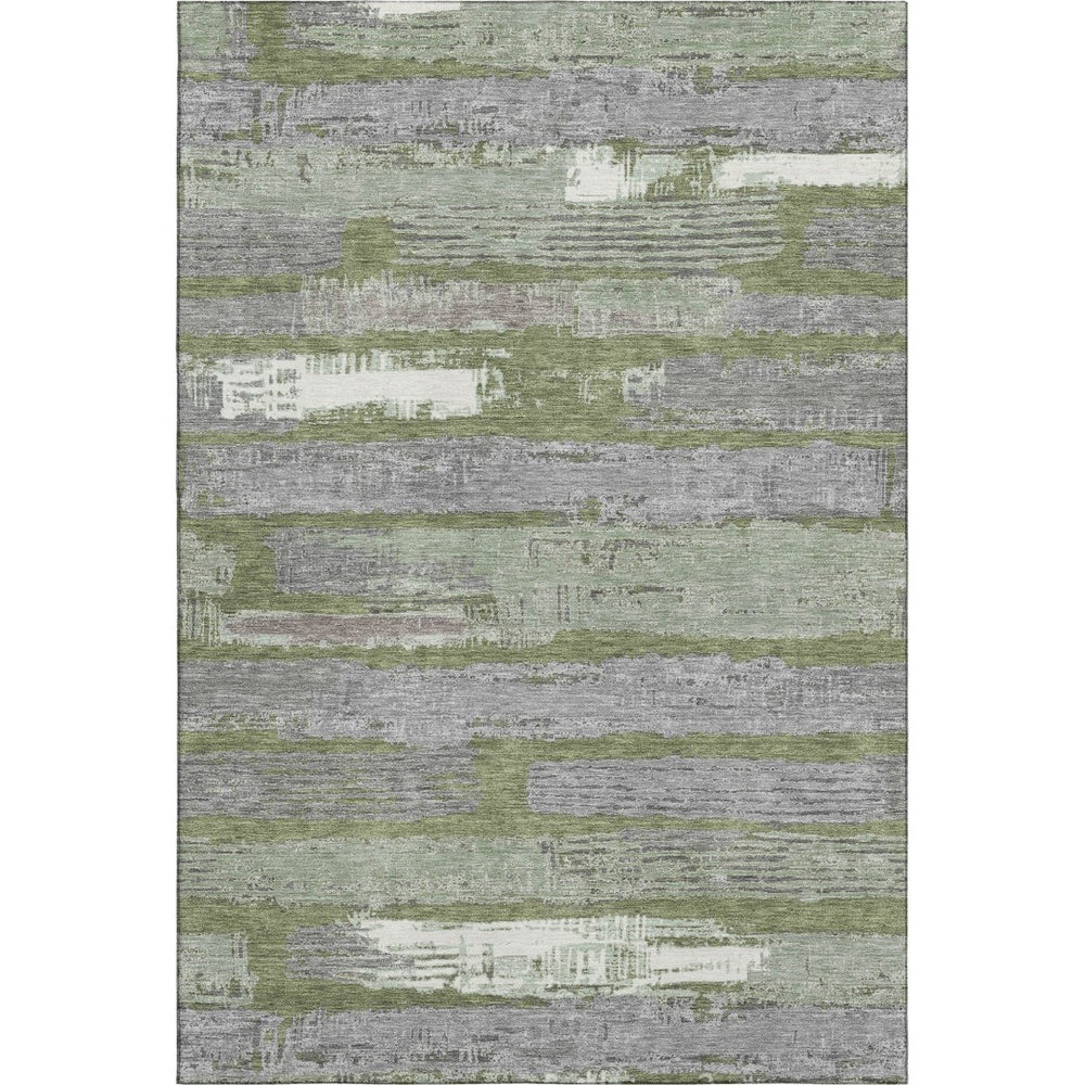 HomeRoots 10' Olive Green Gray Silver Striped Area Rug - Washable, UV Protected, Durable for Indoor & Outdoor Use 696512