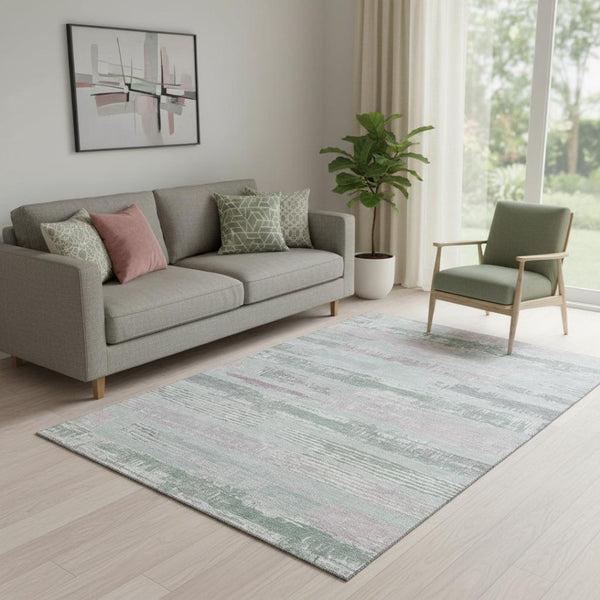HomeRoots 5' X 8' Striped Area Rug in Pale Aqua, Sage & Ivory - UV Protected, Washable, and Soft for Homes 696514