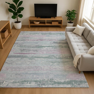 HomeRoots 5' X 8' Striped Area Rug in Pale Aqua, Sage & Ivory - UV Protected, Washable, and Soft for Homes 696514