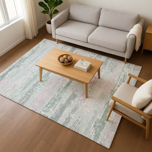 HomeRoots 5' X 8' Striped Area Rug in Pale Aqua, Sage & Ivory - UV Protected, Washable, and Soft for Homes 696514