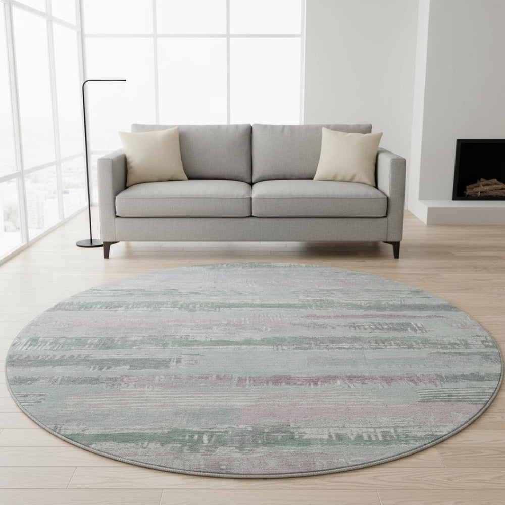 HomeRoots 8' Striped Washable Round Rug in Pale Aqua, Sage & Ivory - UV Protected, Non-Slip, Perfect for Home! 696515