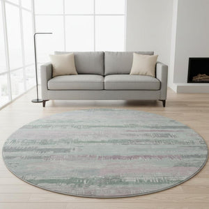 HomeRoots 8' Striped Washable Round Rug in Pale Aqua, Sage & Ivory - UV Protected, Non-Slip, Perfect for Home! 696515