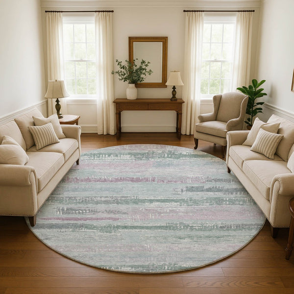 HomeRoots 8' Striped Washable Round Rug in Pale Aqua, Sage & Ivory - UV Protected, Non-Slip, Perfect for Home! 696515