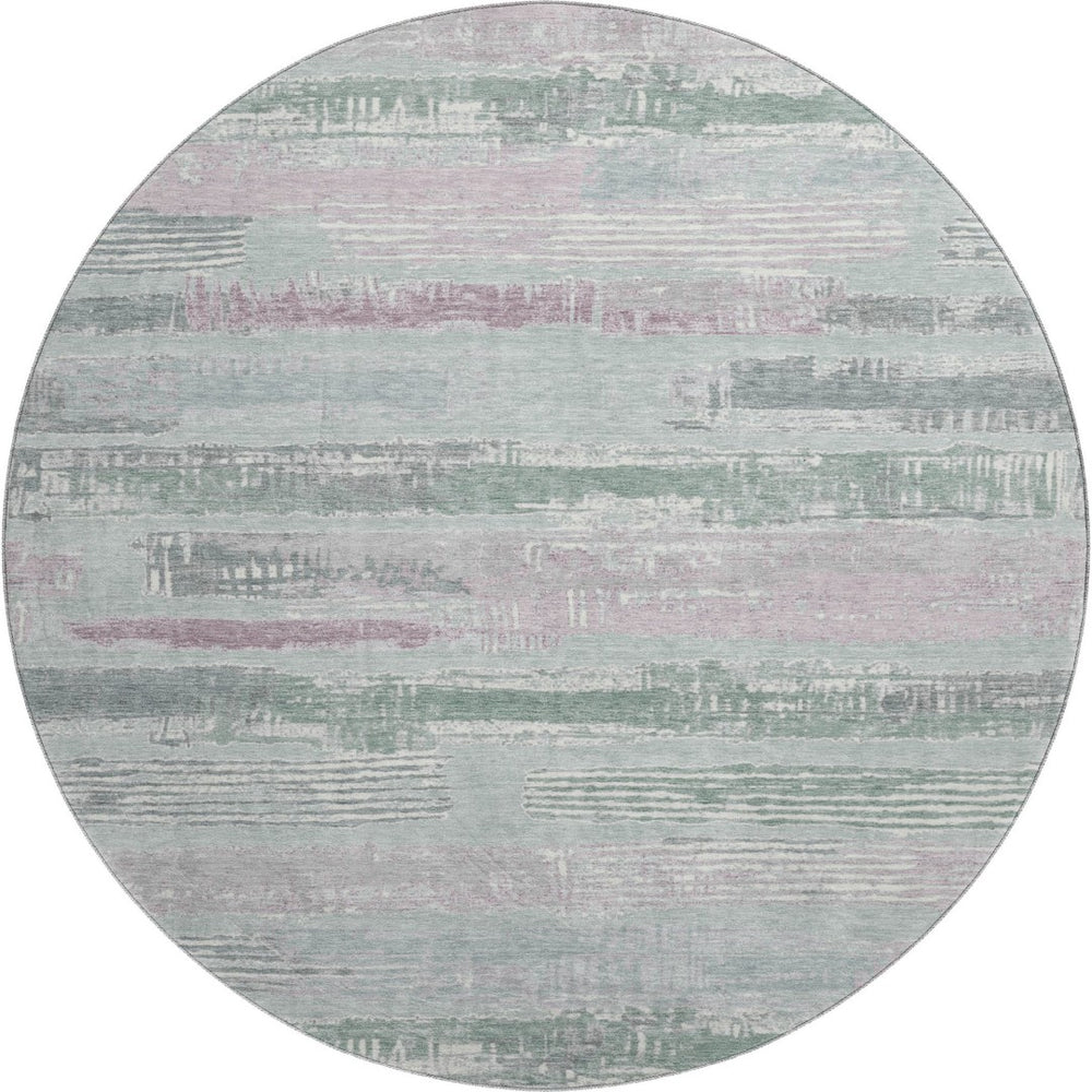HomeRoots 8' Striped Washable Round Rug in Pale Aqua, Sage & Ivory - UV Protected, Non-Slip, Perfect for Home! 696515