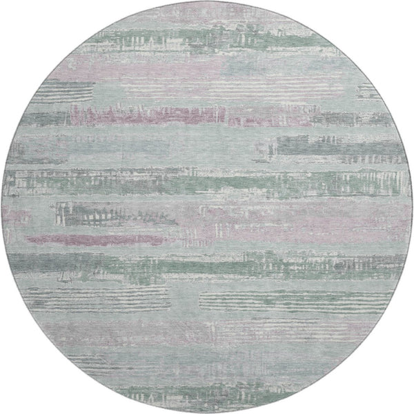 HomeRoots 8' Striped Washable Round Rug in Pale Aqua, Sage & Ivory - UV Protected, Non-Slip, Perfect for Home! 696515