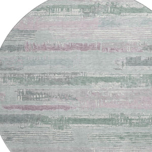 HomeRoots 8' Striped Washable Round Rug in Pale Aqua, Sage & Ivory - UV Protected, Non-Slip, Perfect for Home! 696515
