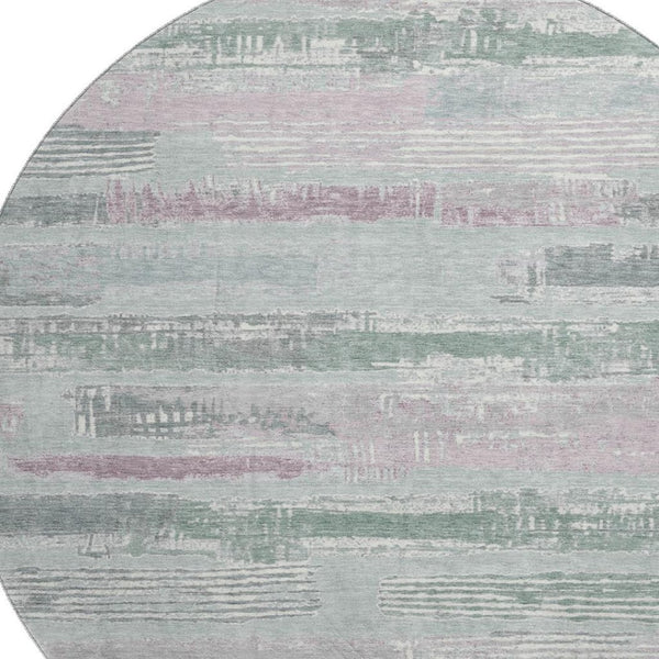 HomeRoots 8' Striped Washable Round Rug in Pale Aqua, Sage & Ivory - UV Protected, Non-Slip, Perfect for Home! 696515