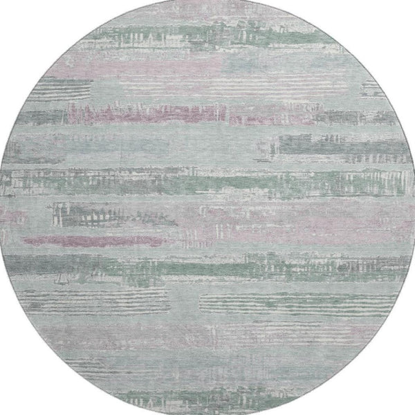HomeRoots 8' Striped Washable Round Rug in Pale Aqua, Sage & Ivory - UV Protected, Non-Slip, Perfect for Home! 696515