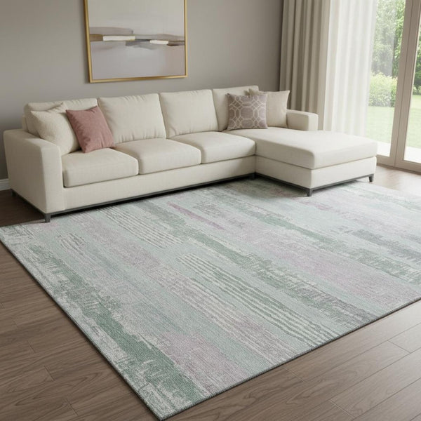 HomeRoots 8' X 10' Striped Pale Aqua, Sage & Ivory Washable Area Rug - Durable, UV Protected & Non-Slip Design! 696516