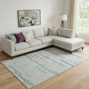 HomeRoots 9' X 12' Pale Aqua Sage and Ivory Striped Washable Area Rug - Durable, UV-Protected & Stylish Design 696517