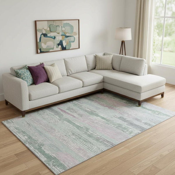 HomeRoots 9' X 12' Pale Aqua Sage and Ivory Striped Washable Area Rug - Durable, UV-Protected & Stylish Design 696517