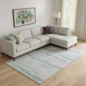 HomeRoots 10' X 14' Coastal-Inspired Pale Aqua and Sage Striped Washable Area Rug with UV Protection & Stain Resistance 696518