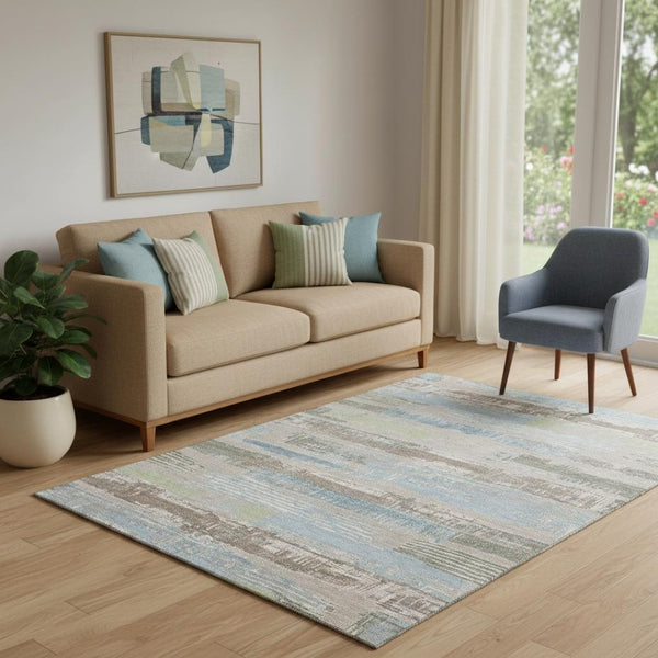 HomeRoots 5' X 8' Stylish Taupe Blue and Green Striped Area Rug - Washable, UV Protected, Pet-Friendly Design 696520