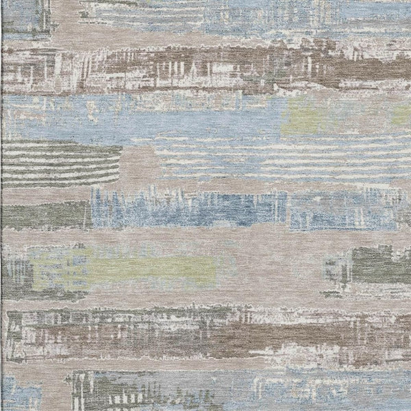HomeRoots 5' X 8' Stylish Taupe Blue and Green Striped Area Rug - Washable, UV Protected, Pet-Friendly Design 696520