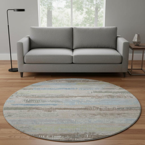 HomeRoots 8' Stylish Taupe Blue & Green Striped Washable Round Rug with UV Protection for Home & Patio 696521