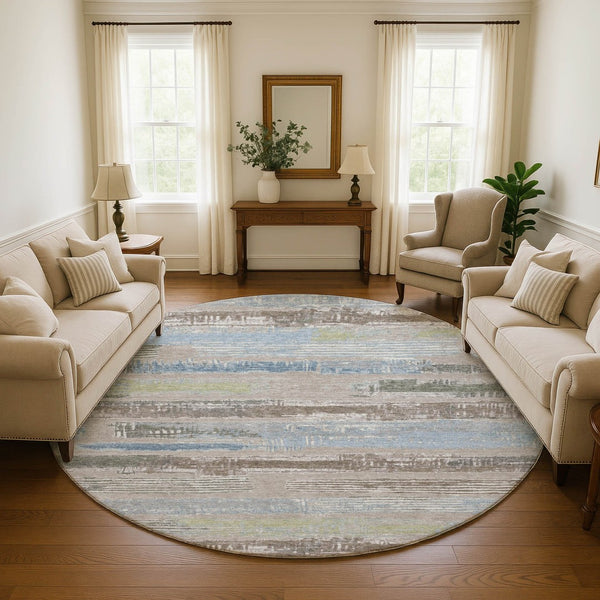 HomeRoots 8' Stylish Taupe Blue & Green Striped Washable Round Rug with UV Protection for Home & Patio 696521