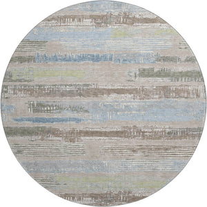 HomeRoots 8' Stylish Taupe Blue & Green Striped Washable Round Rug with UV Protection for Home & Patio 696521