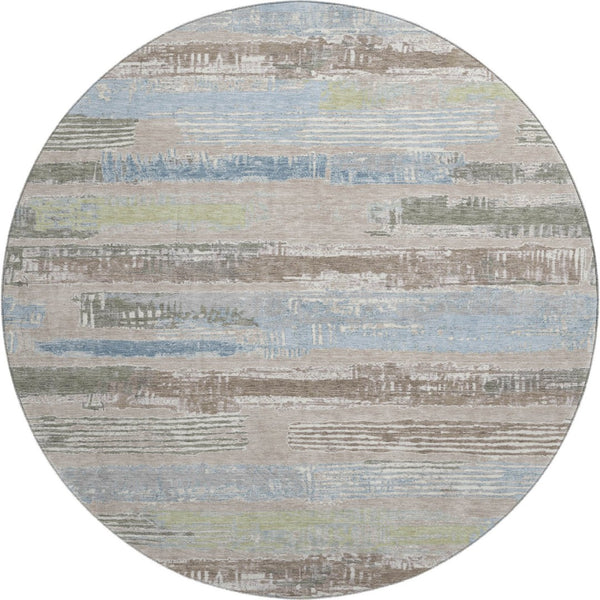 HomeRoots 8' Stylish Taupe Blue & Green Striped Washable Round Rug with UV Protection for Home & Patio 696521