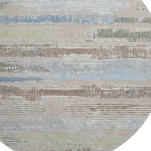 HomeRoots 8' Stylish Taupe Blue & Green Striped Washable Round Rug with UV Protection for Home & Patio 696521