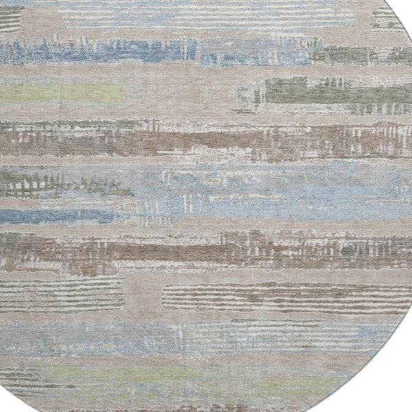 HomeRoots 8' Stylish Taupe Blue & Green Striped Washable Round Rug with UV Protection for Home & Patio 696521