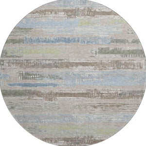 HomeRoots 8' Stylish Taupe Blue & Green Striped Washable Round Rug with UV Protection for Home & Patio 696521