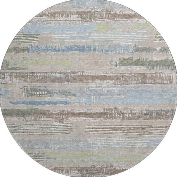 HomeRoots 8' Stylish Taupe Blue & Green Striped Washable Round Rug with UV Protection for Home & Patio 696521