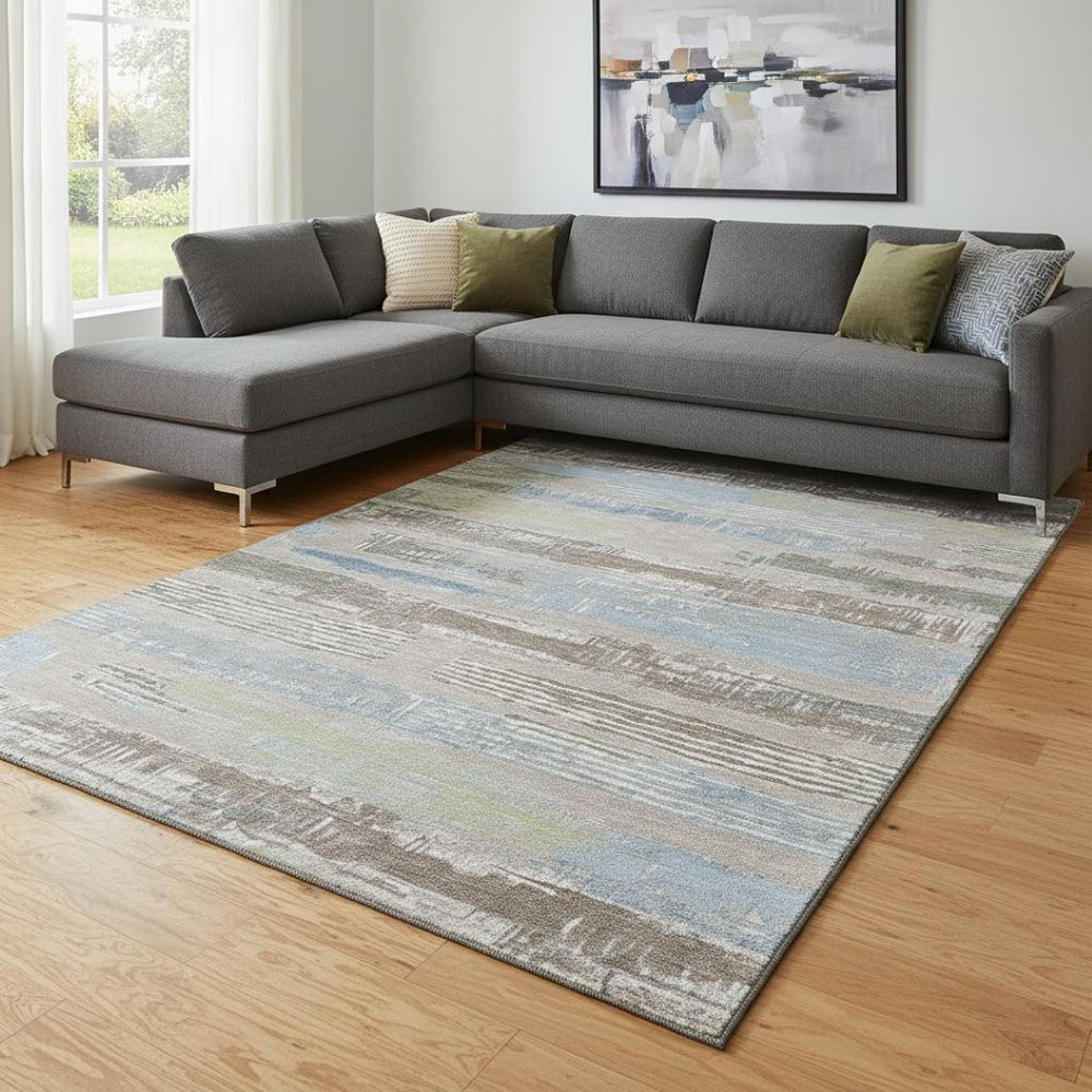 HomeRoots 8' X 10' Washable Taupe Blue Green Striped Area Rug - UV Protected, Stain Resistant, Non-Slip Backing 696522