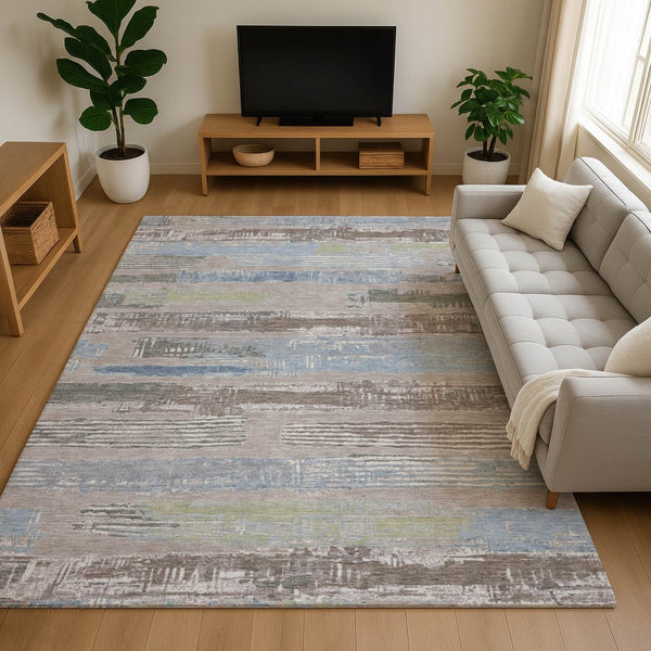 HomeRoots 8' X 10' Washable Taupe Blue Green Striped Area Rug - UV Protected, Stain Resistant, Non-Slip Backing 696522
