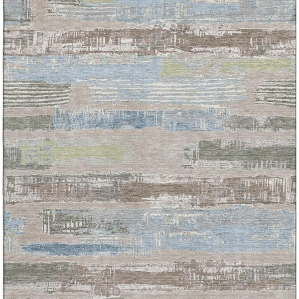 HomeRoots 8' X 10' Washable Taupe Blue Green Striped Area Rug - UV Protected, Stain Resistant, Non-Slip Backing 696522