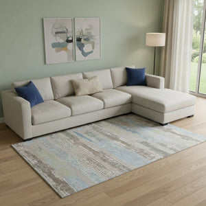 HomeRoots 9' X 12' Striped Area Rug in Taupe, Blue & Green - Washable, UV Protected for Busy Homes! 696523