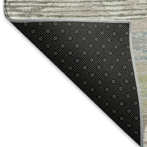 HomeRoots 9' X 12' Striped Area Rug in Taupe, Blue & Green - Washable, UV Protected for Busy Homes! 696523