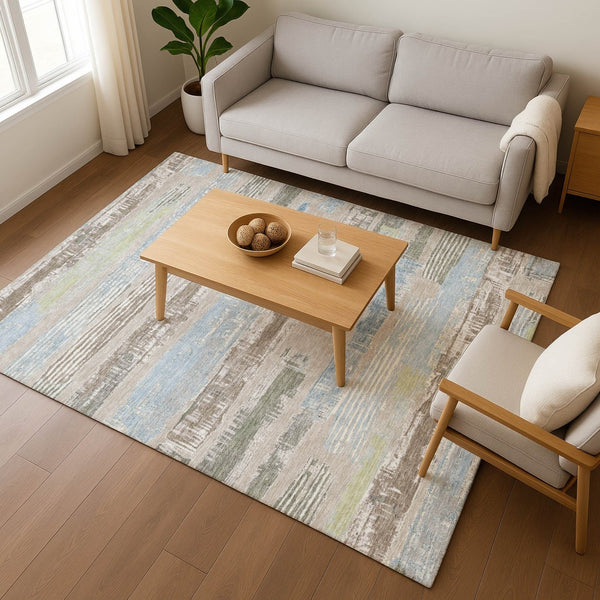 HomeRoots 9' X 12' Striped Area Rug in Taupe, Blue & Green - Washable, UV Protected for Busy Homes! 696523