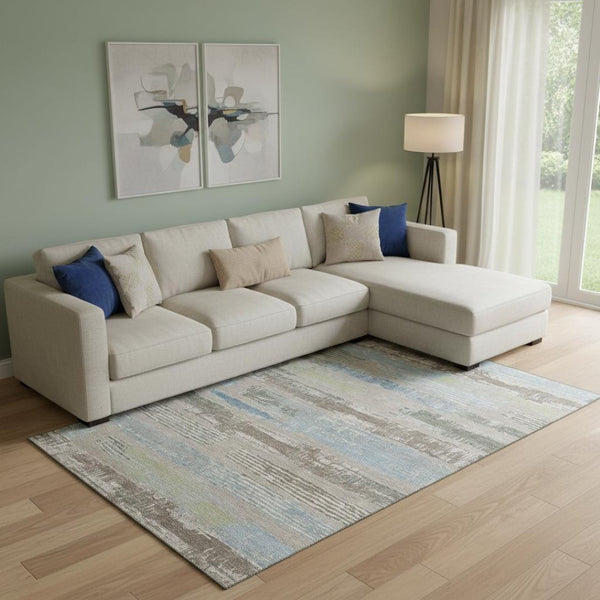 HomeRoots 10' Taupe Blue & Green Striped Washable Area Rug - Durable, UV-Protected, Stain-Resistant Design! 696524