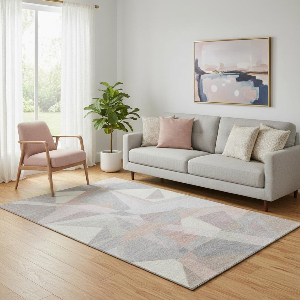 HomeRoots 5' X 8' Blush Ivory & Gray Geometric Area Rug – Washable, UV Protected, Stain-Resistant & Soft! 696526