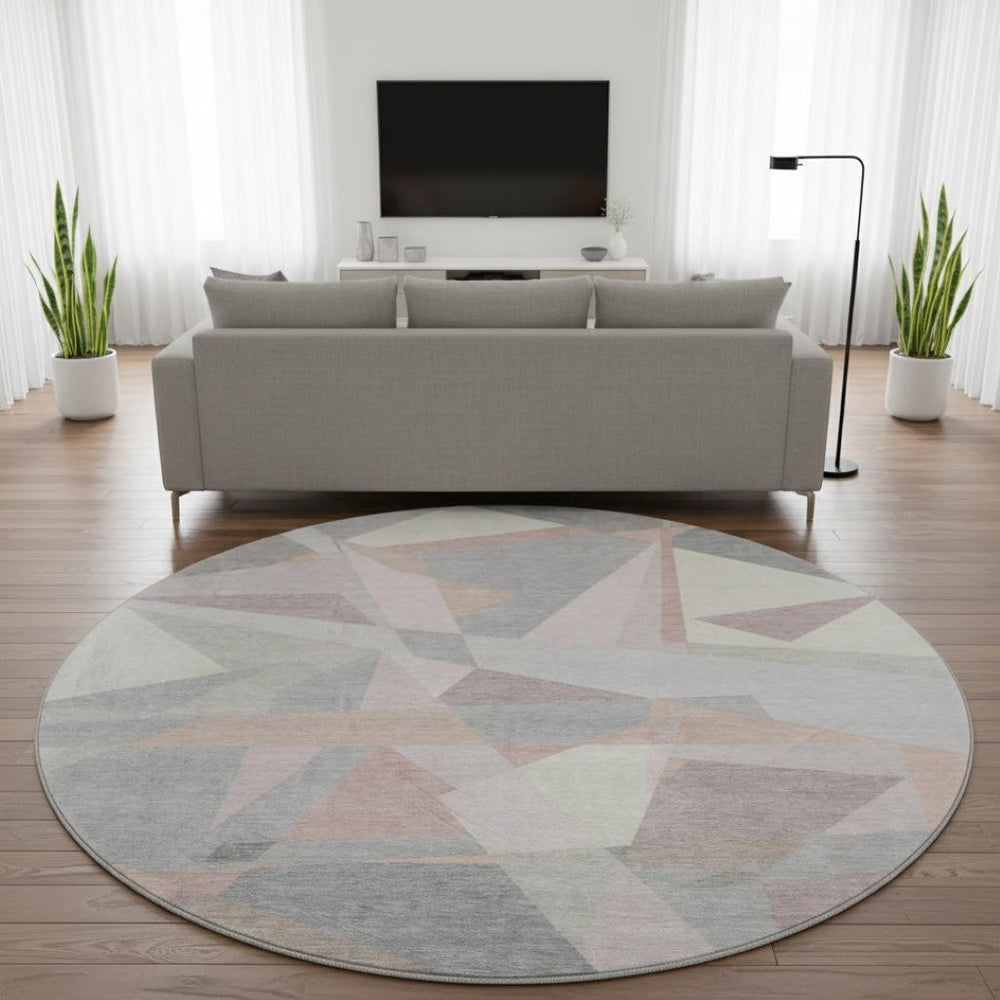 HomeRoots 8' Blush Ivory And Gray Geometric Round Rug - Washable, UV Resistant, Durable for High-Traffic Areas 696527