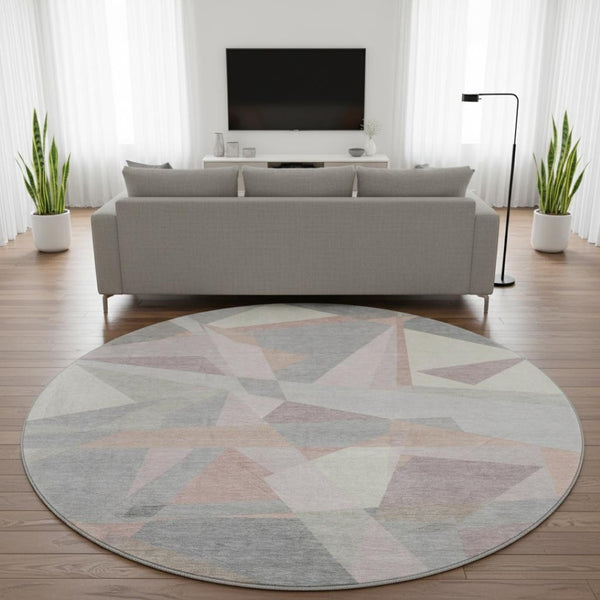 HomeRoots 8' Blush Ivory And Gray Geometric Round Rug - Washable, UV Resistant, Durable for High-Traffic Areas 696527
