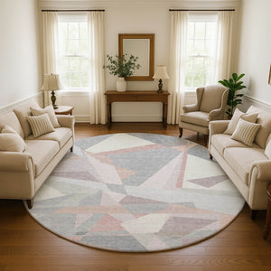 HomeRoots 8' Blush Ivory And Gray Geometric Round Rug - Washable, UV Resistant, Durable for High-Traffic Areas 696527