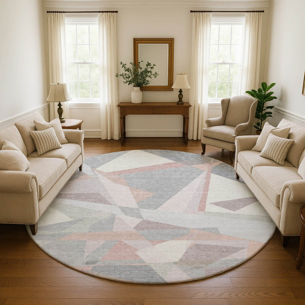 HomeRoots 8' Blush Ivory And Gray Geometric Round Rug - Washable, UV Resistant, Durable for High-Traffic Areas 696527