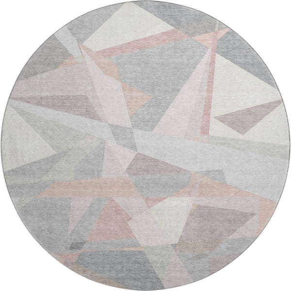 HomeRoots 8' Blush Ivory And Gray Geometric Round Rug - Washable, UV Resistant, Durable for High-Traffic Areas 696527