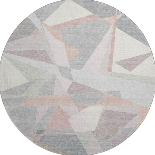 HomeRoots 8' Blush Ivory And Gray Geometric Round Rug - Washable, UV Resistant, Durable for High-Traffic Areas 696527