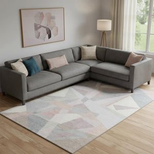 HomeRoots 9' X 12' Stylish Blush Ivory Gray Geometric Area Rug - Washable, UV Protected, Pet-Friendly Design 696529