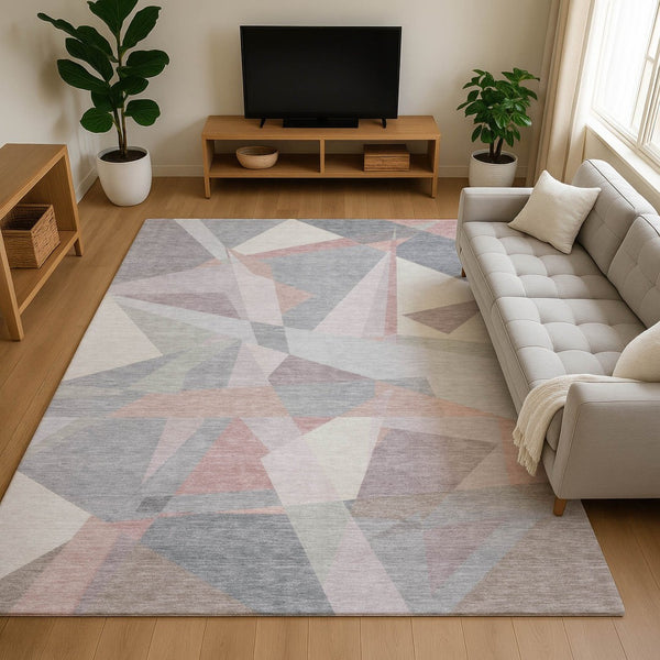 HomeRoots 9' X 12' Stylish Blush Ivory Gray Geometric Area Rug - Washable, UV Protected, Pet-Friendly Design 696529