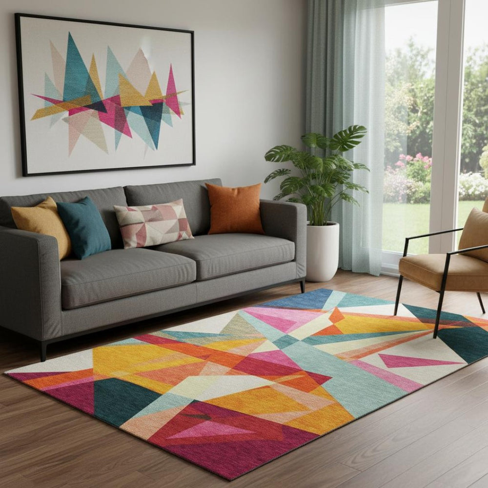 HomeRoots 5' X 8' Modern Ivory, Orange & Pink Geometric Area Rug - Washable, UV Protected & Stain Resistant! 696532