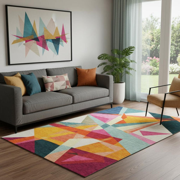 HomeRoots 5' X 8' Modern Ivory, Orange & Pink Geometric Area Rug - Washable, UV Protected & Stain Resistant! 696532